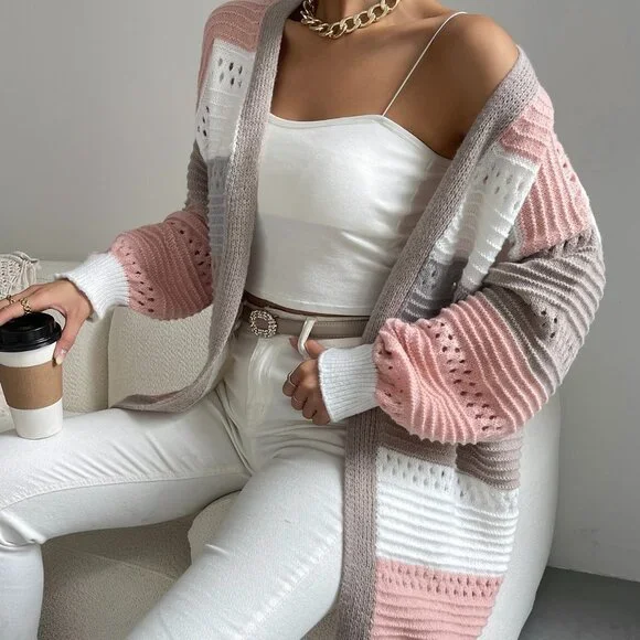 Multicolor Casual Womens Color Block Drop Shoulder Open Front Cardigan - Picture 4 of 5